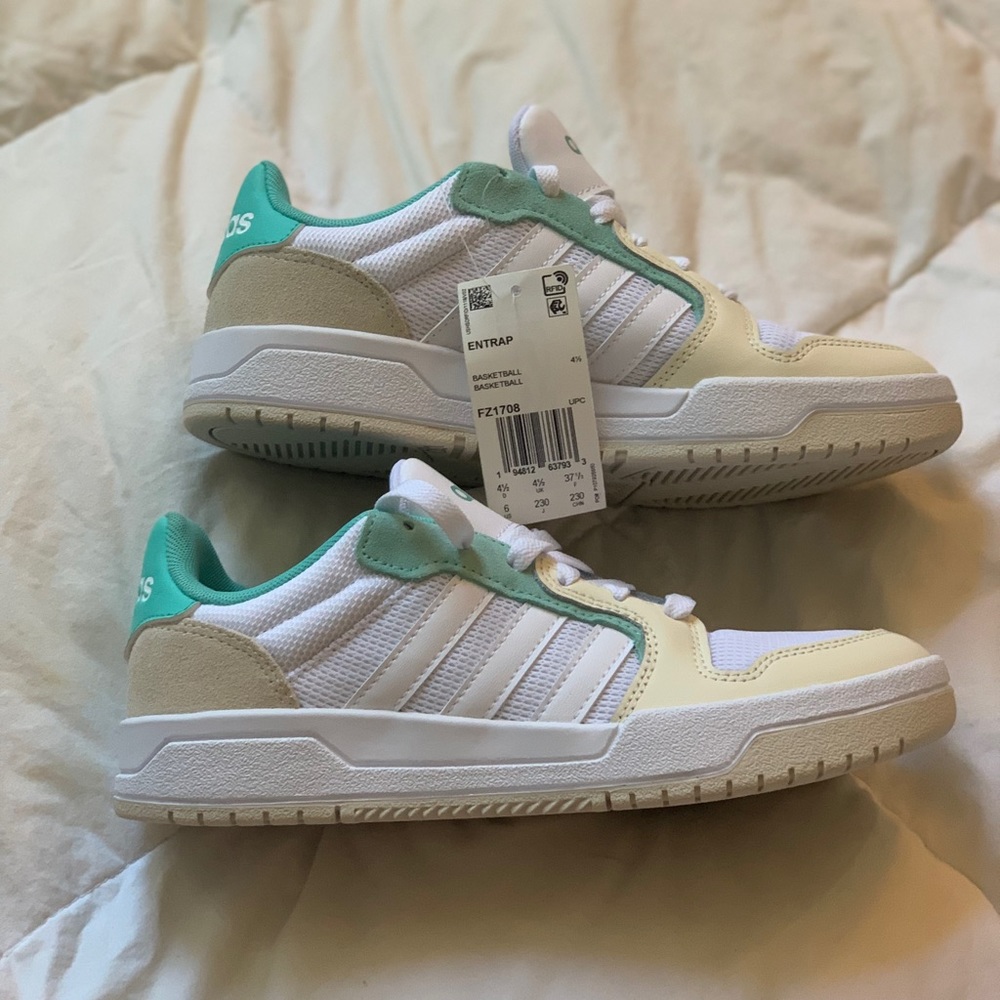 Brand new with tags Adidas white, cream, turquoise and tan sneakers